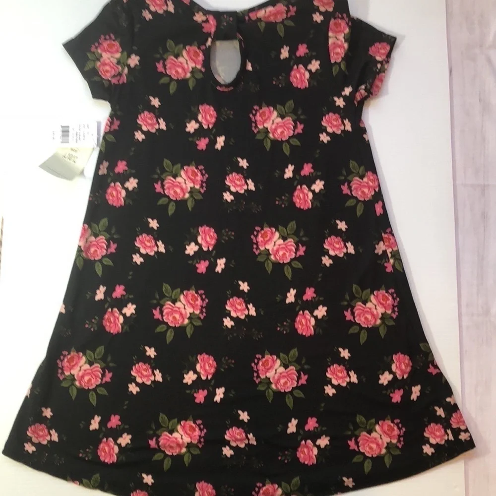 BTWEEN Girls Stretchy Dress Black Pink Rose Floral Keyhole Back Size L 10/12 NWT